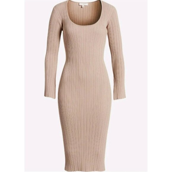 WAYF XL Ribbed Knit Midi Dress Nude Long Sleeve Scoop Neck Belted Nordstrom - Picture 7 of 11